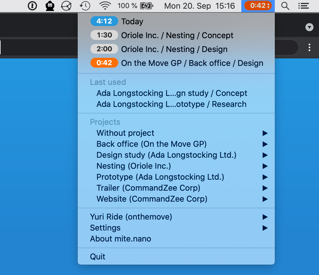 mite.nano, macOS app for time tracking with mite